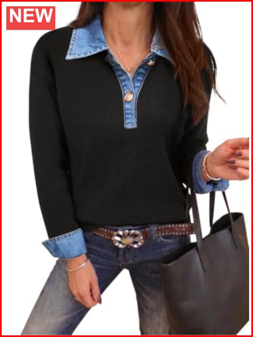 Womens Chunky Knit Pullover Sweater Denim Collared Faux Layered Oversized